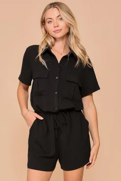 Penelope Short Sleeve Button Down Waist Tie Romper Black
