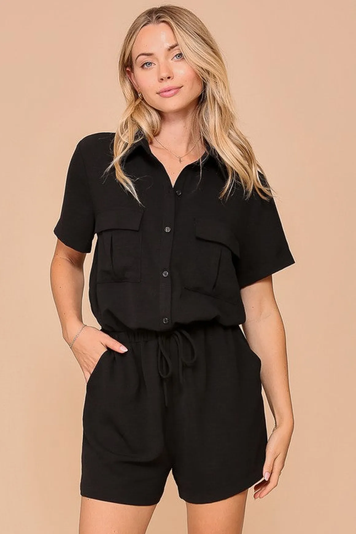 Penelope Short Sleeve Button Down Waist Tie Romper Black