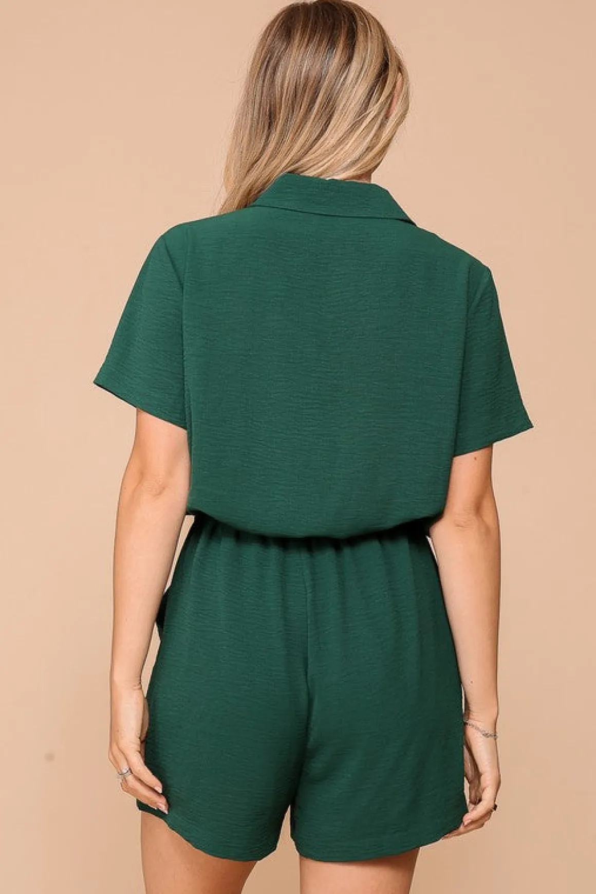 Penelope Short Sleeve Button Down Waist Tie Romper Green