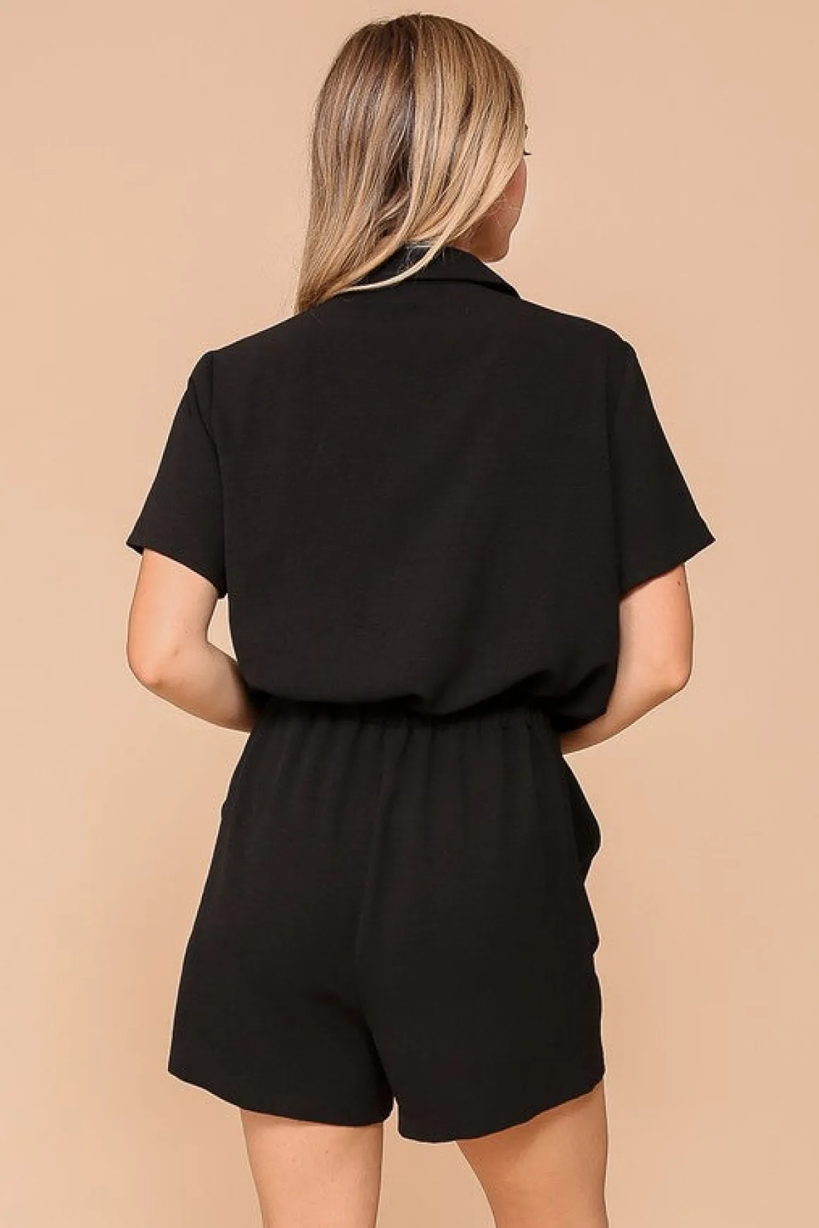 Penelope Short Sleeve Button Down Waist Tie Romper Black