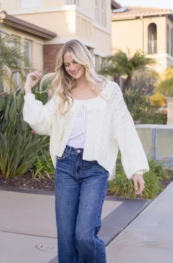 Peyton Long Sleeve Front Tie Knit Cardigan White