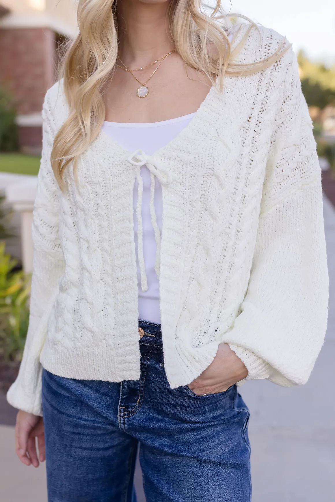 Peyton Long Sleeve Front Tie Knit Cardigan White