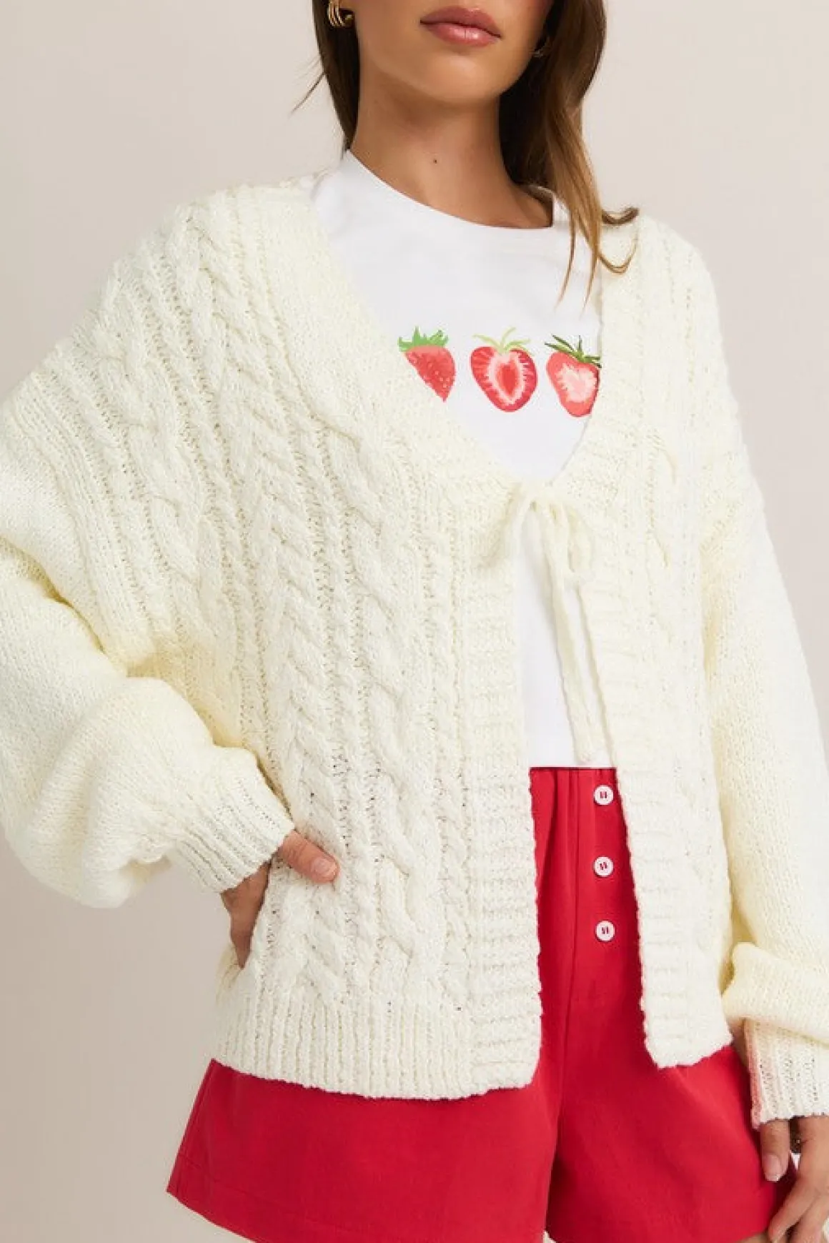 Peyton Long Sleeve Front Tie Knit Cardigan White