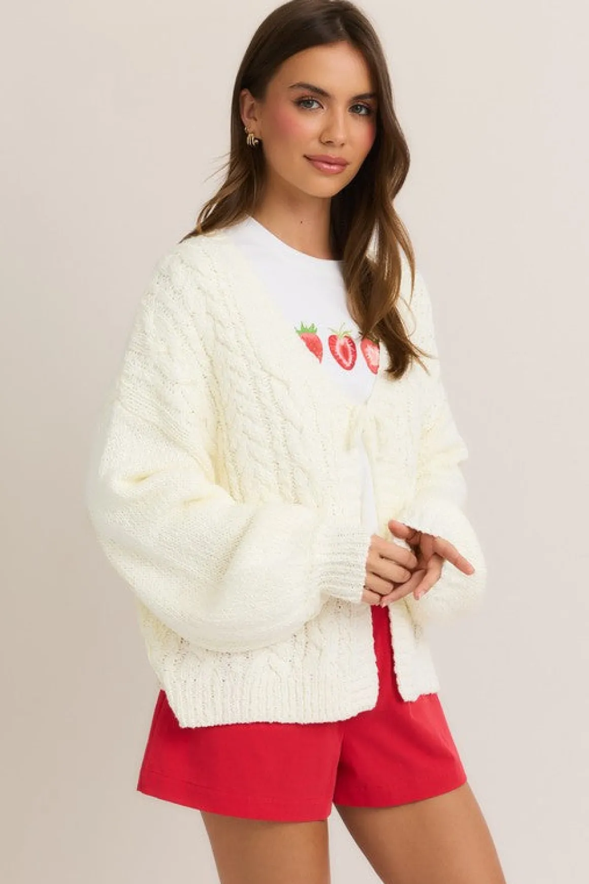 Peyton Long Sleeve Front Tie Knit Cardigan White