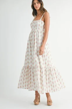 Phoenix Sleeveless Floral Print Babydoll Tiered Maxi Dress White