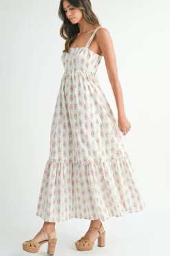 Phoenix Sleeveless Floral Print Babydoll Tiered Maxi Dress White