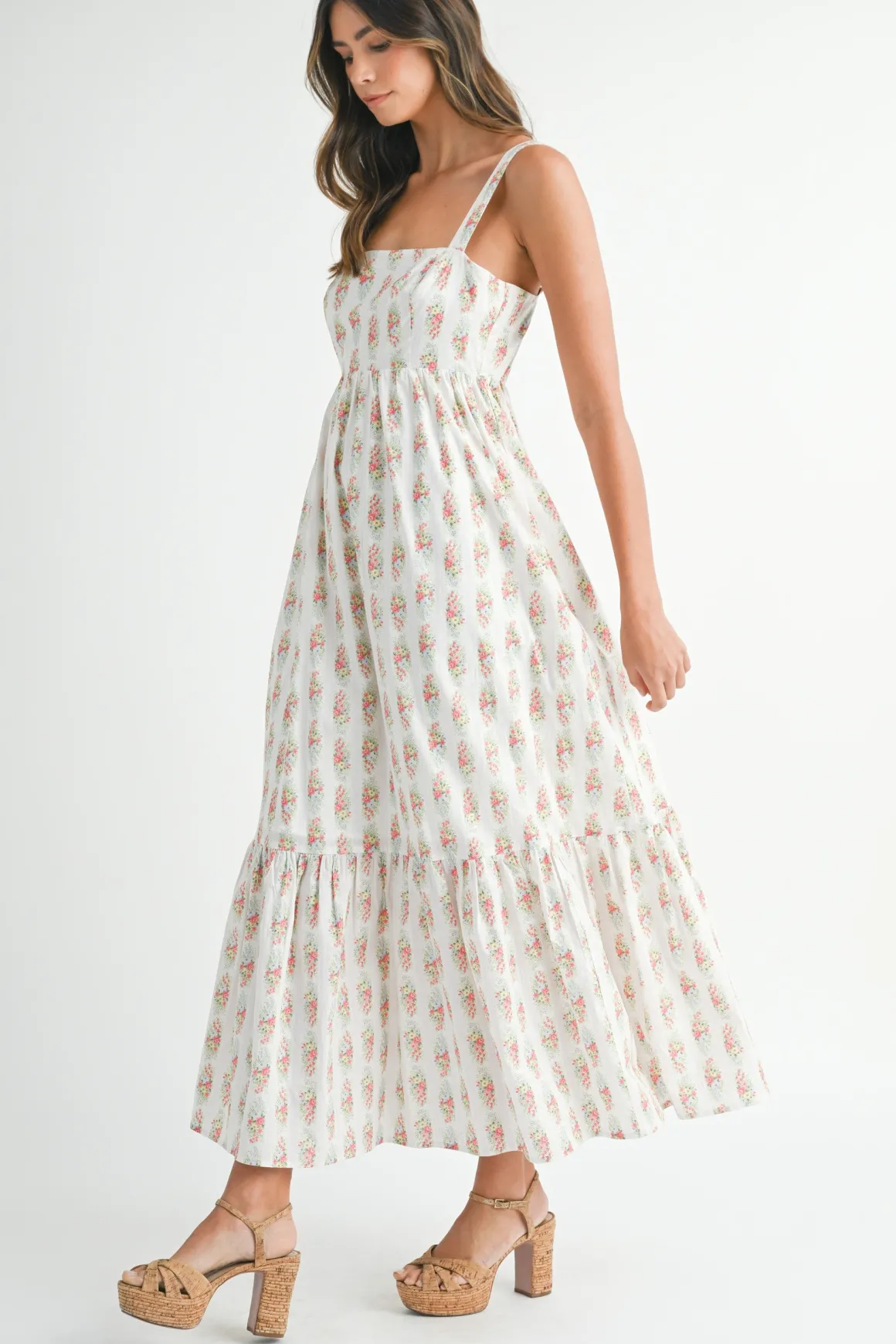 Phoenix Sleeveless Floral Print Babydoll Tiered Maxi Dress White