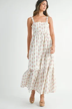 Phoenix Sleeveless Floral Print Babydoll Tiered Maxi Dress White