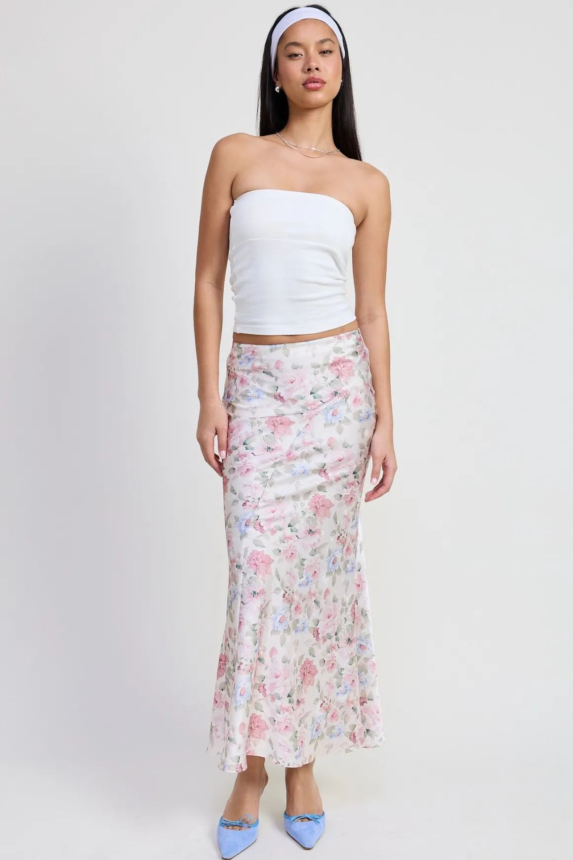 Polly Floral Print Slip Maxi Skirt Ivory