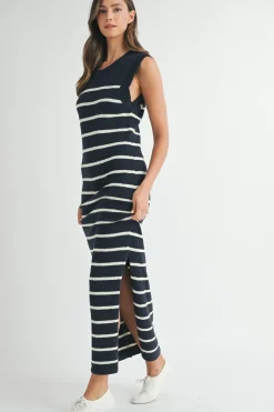 Posie Sleeveless Stripe Print Knit Midi Dress Navy