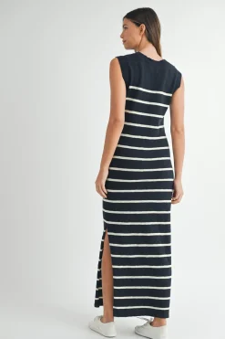 Posie Sleeveless Stripe Print Knit Midi Dress Navy