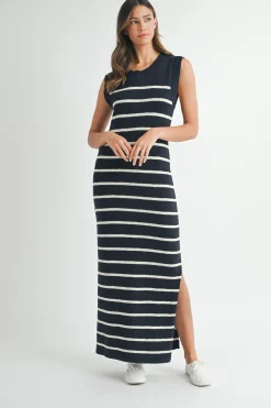 Posie Sleeveless Stripe Print Knit Midi Dress Navy
