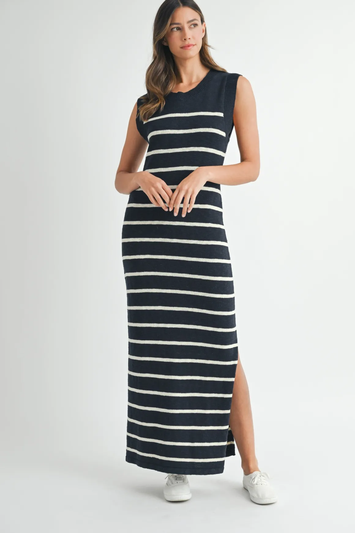 Posie Sleeveless Stripe Print Knit Midi Dress Navy