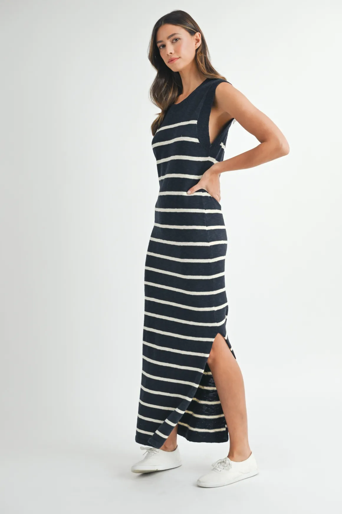 Posie Sleeveless Stripe Print Knit Midi Dress Navy