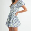 Priscilla Short Puff Sleeve Floral Print Mini Dress Blue