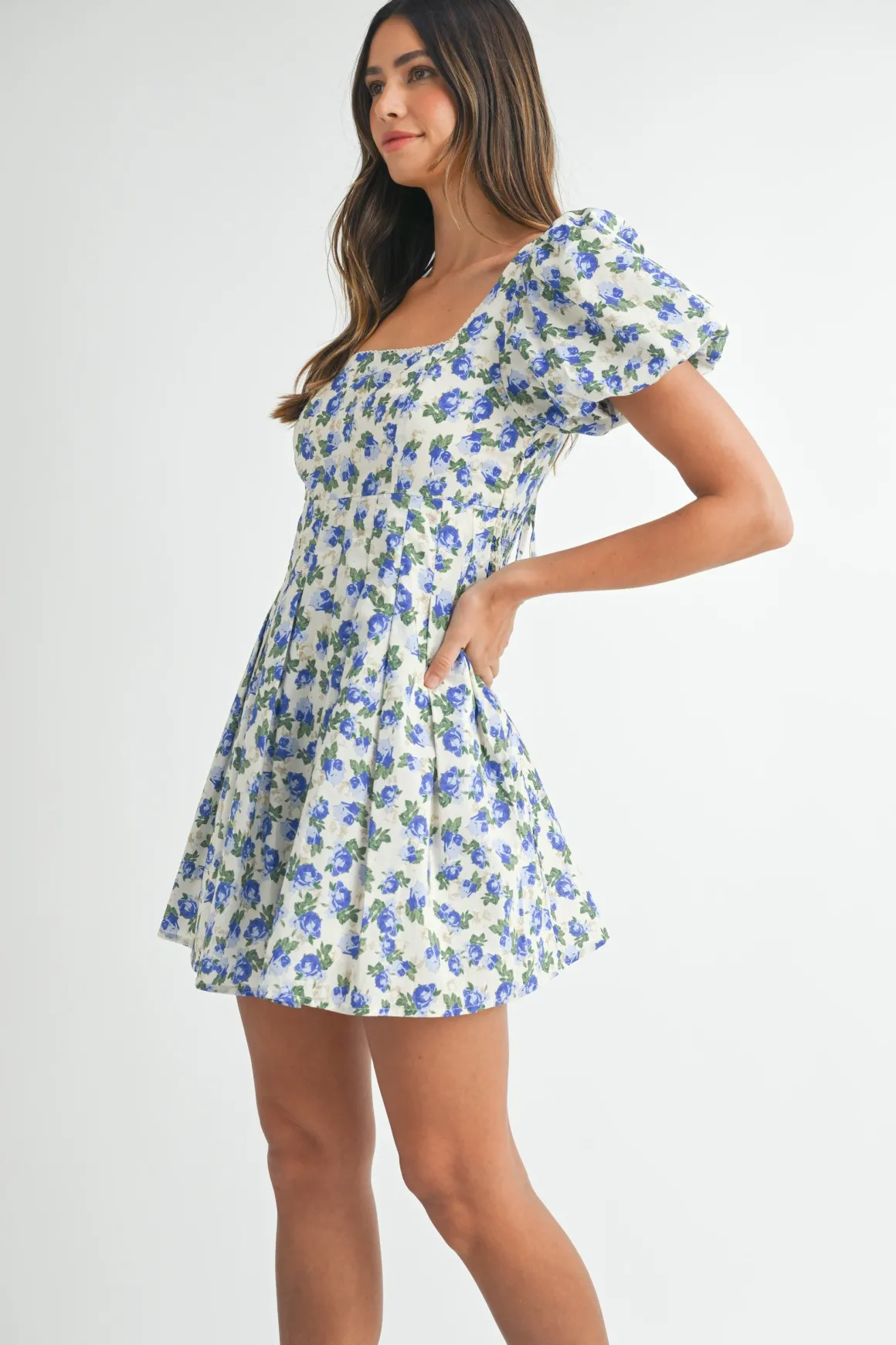 Priscilla Short Puff Sleeve Floral Print Mini Dress Blue