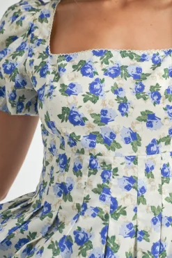 Priscilla Short Puff Sleeve Floral Print Mini Dress Blue