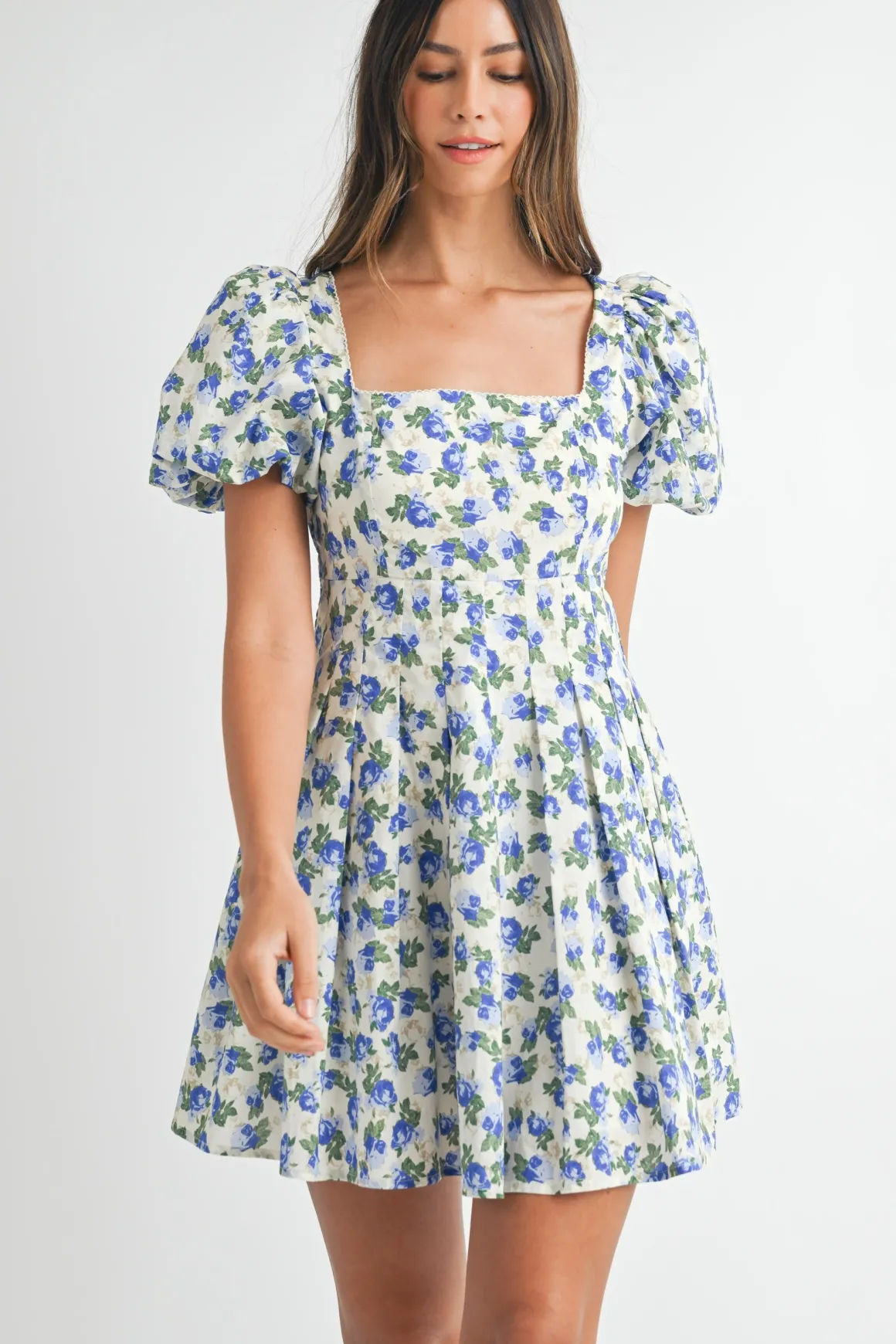 Priscilla Short Puff Sleeve Floral Print Mini Dress Blue
