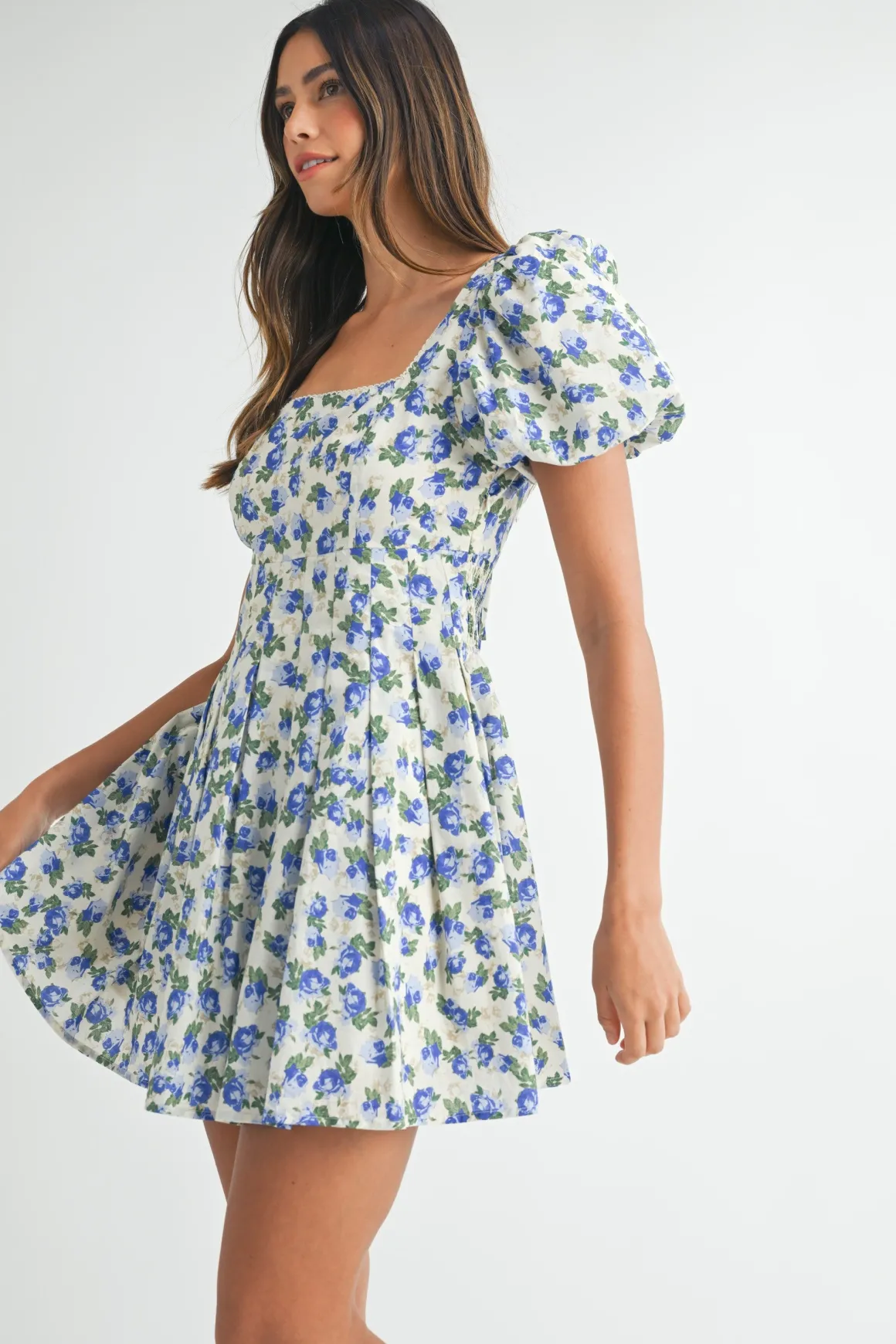 Priscilla Short Puff Sleeve Floral Print Mini Dress Blue