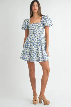 Priscilla Short Puff Sleeve Floral Print Mini Dress Blue