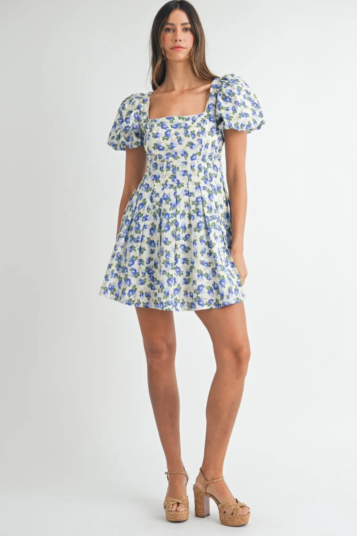 Priscilla Short Puff Sleeve Floral Print Mini Dress Blue