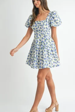 Priscilla Short Puff Sleeve Floral Print Mini Dress Blue