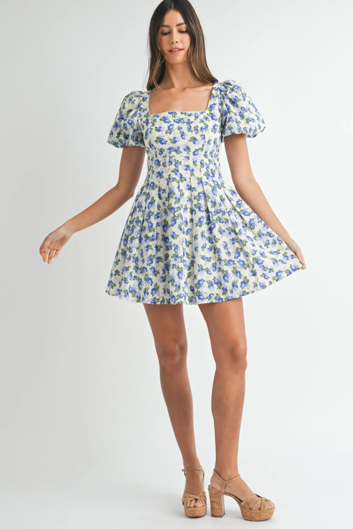 Priscilla Short Puff Sleeve Floral Print Mini Dress Blue