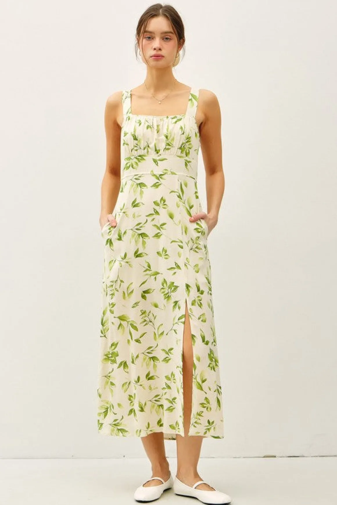 Rachel Sleeveless Floral Print Linen Midi Dress Green