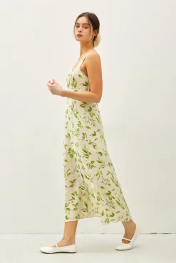 Rachel Sleeveless Floral Print Linen Midi Dress Green