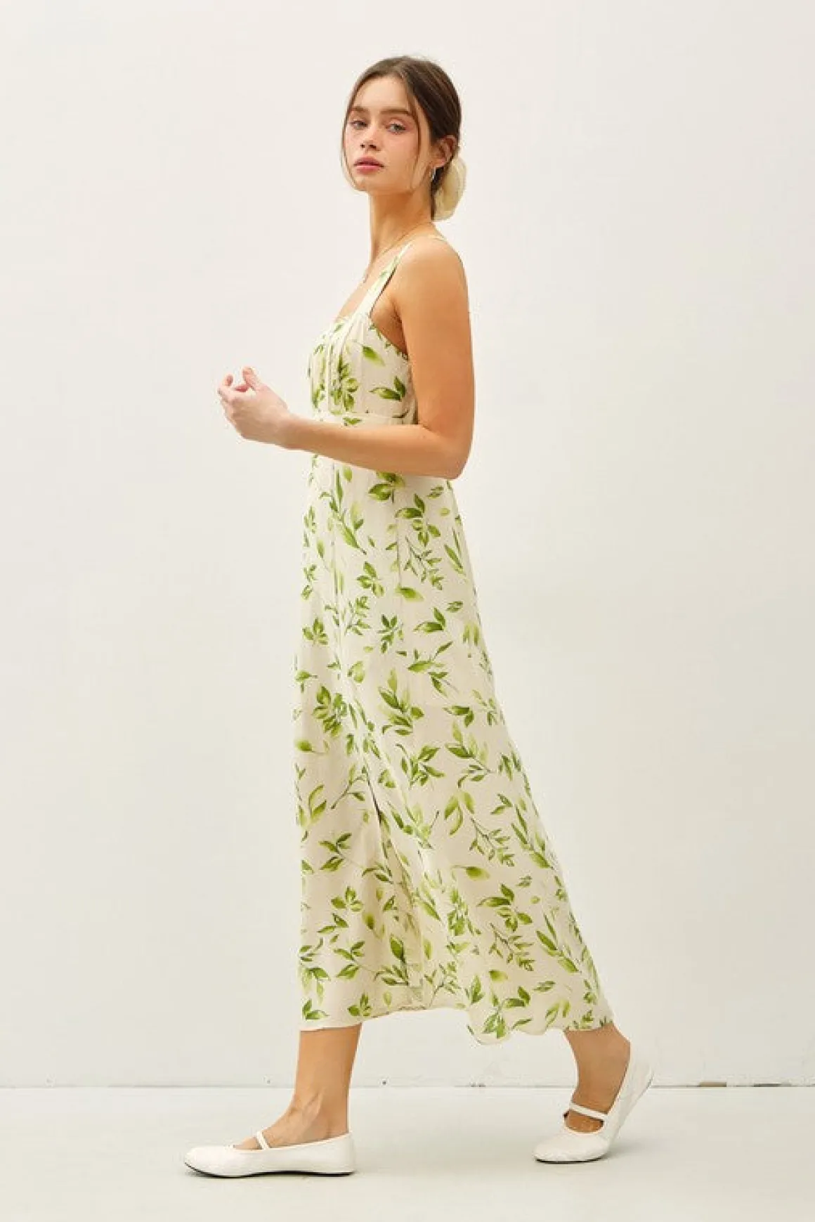 Rachel Sleeveless Floral Print Linen Midi Dress Green