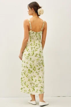 Rachel Sleeveless Floral Print Linen Midi Dress Green