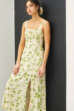 Rachel Sleeveless Floral Print Linen Midi Dress Green