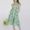 Ramona Shoulder Pad Sleeve Floral Print Midi Dress Green