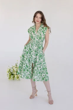 Ramona Shoulder Pad Sleeve Floral Print Midi Dress Green