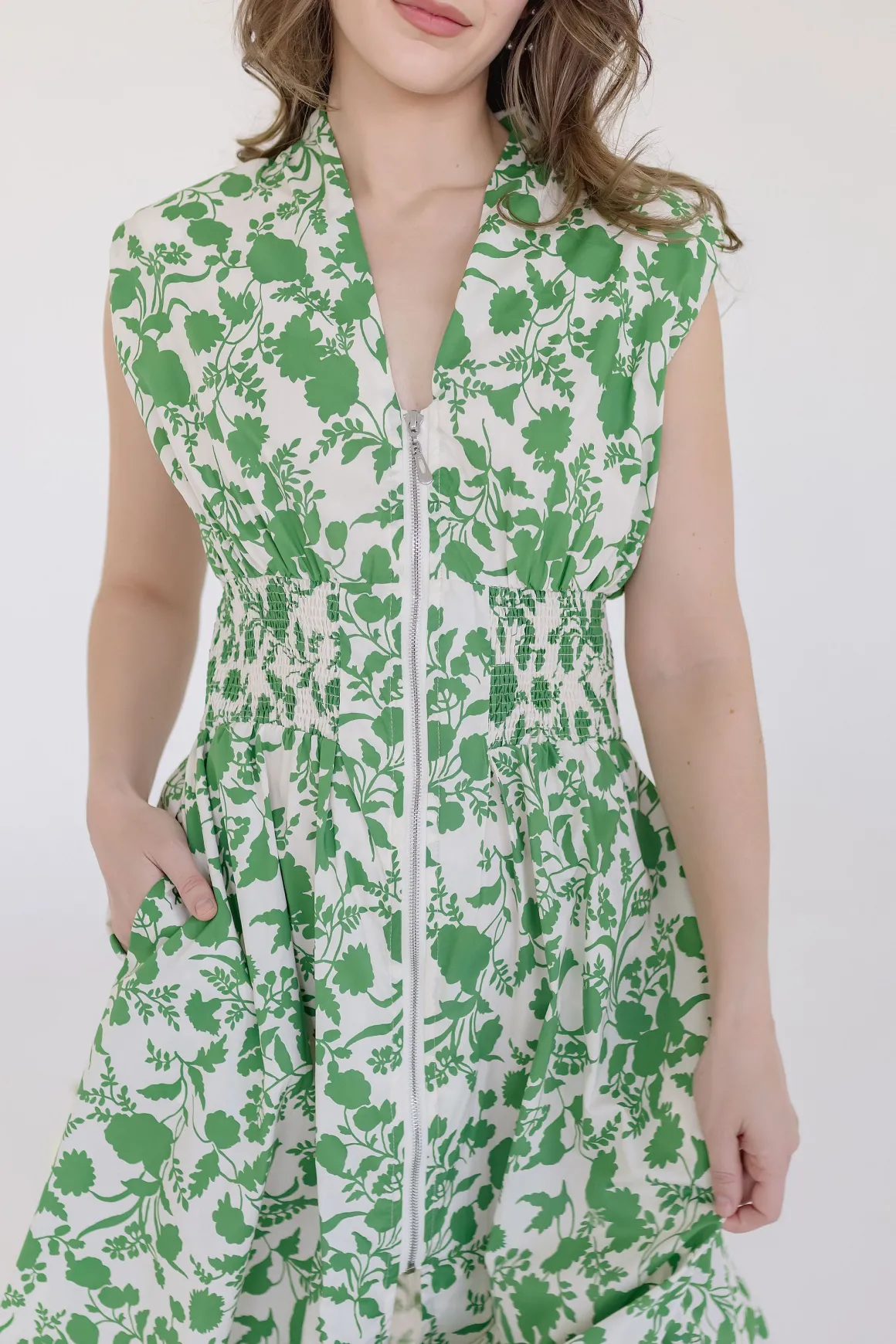 Ramona Shoulder Pad Sleeve Floral Print Midi Dress Green