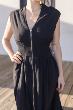 Ramona Shoulder Pad Sleeve Zip Up Midi Dress Black