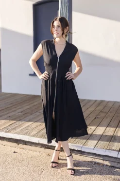 Ramona Shoulder Pad Sleeve Zip Up Midi Dress Black