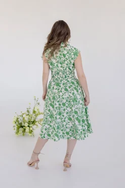 Ramona Shoulder Pad Sleeve Floral Print Midi Dress Green