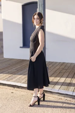 Ramona Shoulder Pad Sleeve Zip Up Midi Dress Black