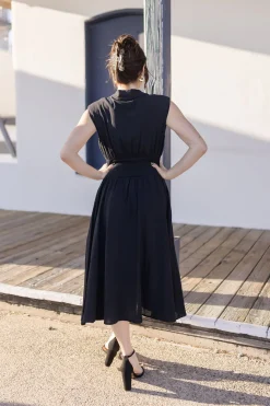 Ramona Shoulder Pad Sleeve Zip Up Midi Dress Black