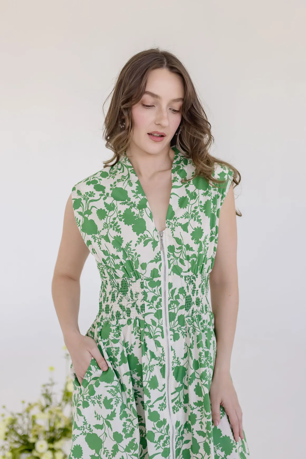 Ramona Shoulder Pad Sleeve Floral Print Midi Dress Green