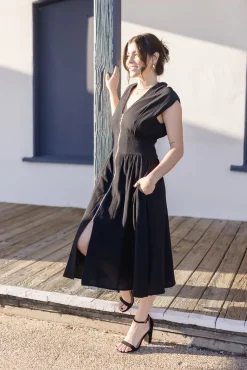 Ramona Shoulder Pad Sleeve Zip Up Midi Dress Black
