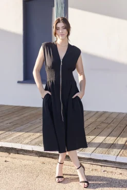 Ramona Shoulder Pad Sleeve Zip Up Midi Dress Black