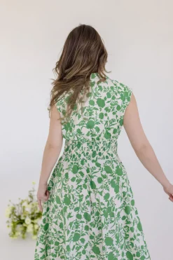 Ramona Shoulder Pad Sleeve Floral Print Midi Dress Green
