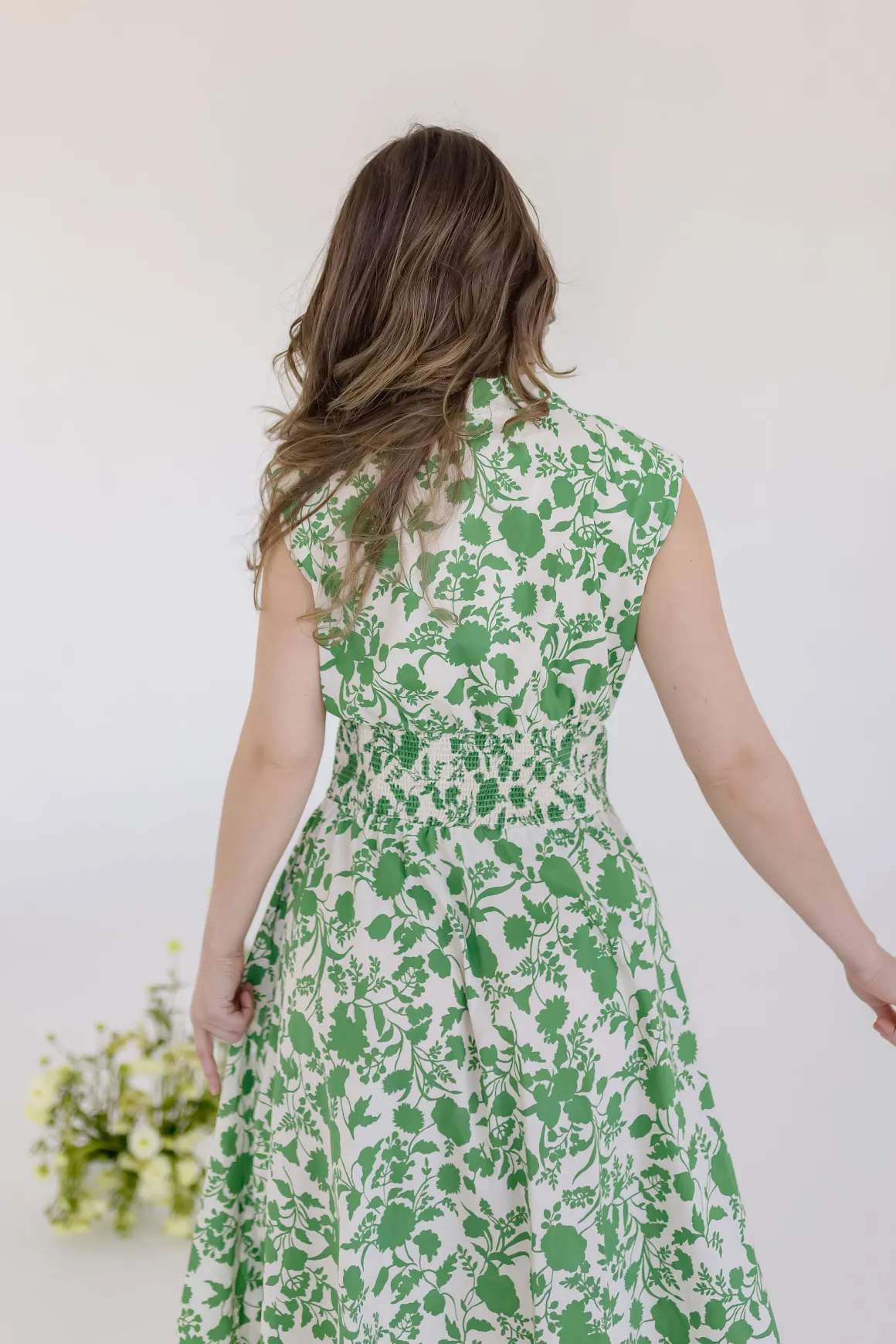 Ramona Shoulder Pad Sleeve Floral Print Midi Dress Green