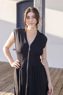 Ramona Shoulder Pad Sleeve Zip Up Midi Dress Black