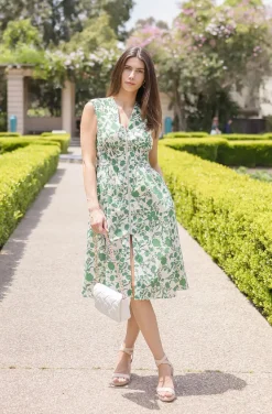 Ramona Shoulder Pad Sleeve Floral Print Midi Dress Green