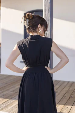 Ramona Shoulder Pad Sleeve Zip Up Midi Dress Black