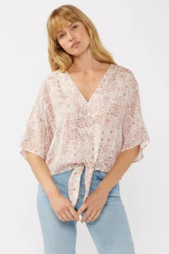Raquel Short Kimono Sleeve Front Tie Floral Print Top Blush