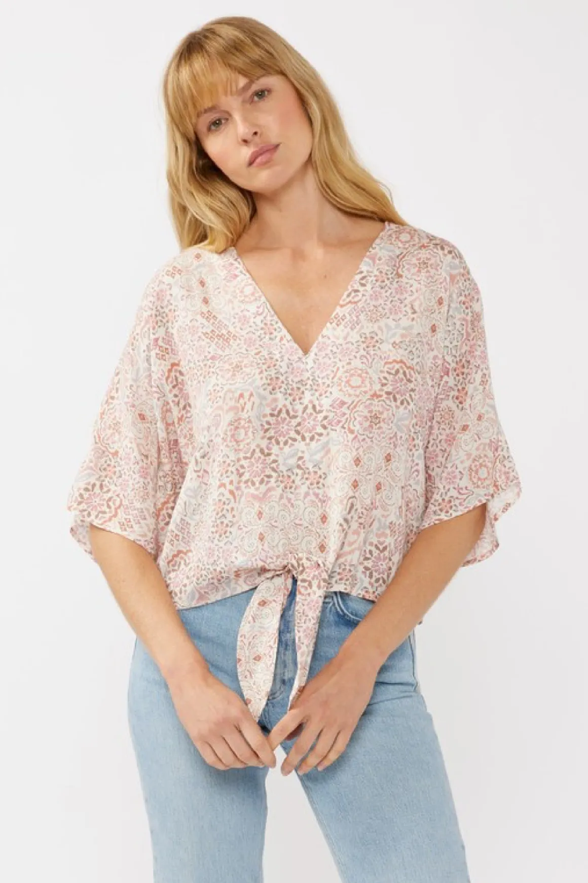 Raquel Short Kimono Sleeve Front Tie Floral Print Top Blush